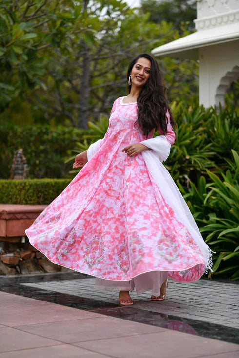 MULMUL SEA PINK TIE DYED & BLOCK PRINTED PANELED KURTA-PLAZZO & DUPATTA MULMUL SEA PINK TIE DYED & BLOCK PRINTED PANELED KURTA-PLAZZO & DUPATTA